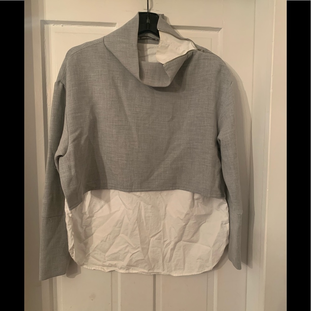 ZARA Trafaluc Mock Neck Zipper Shoulder Gray & White Blouse